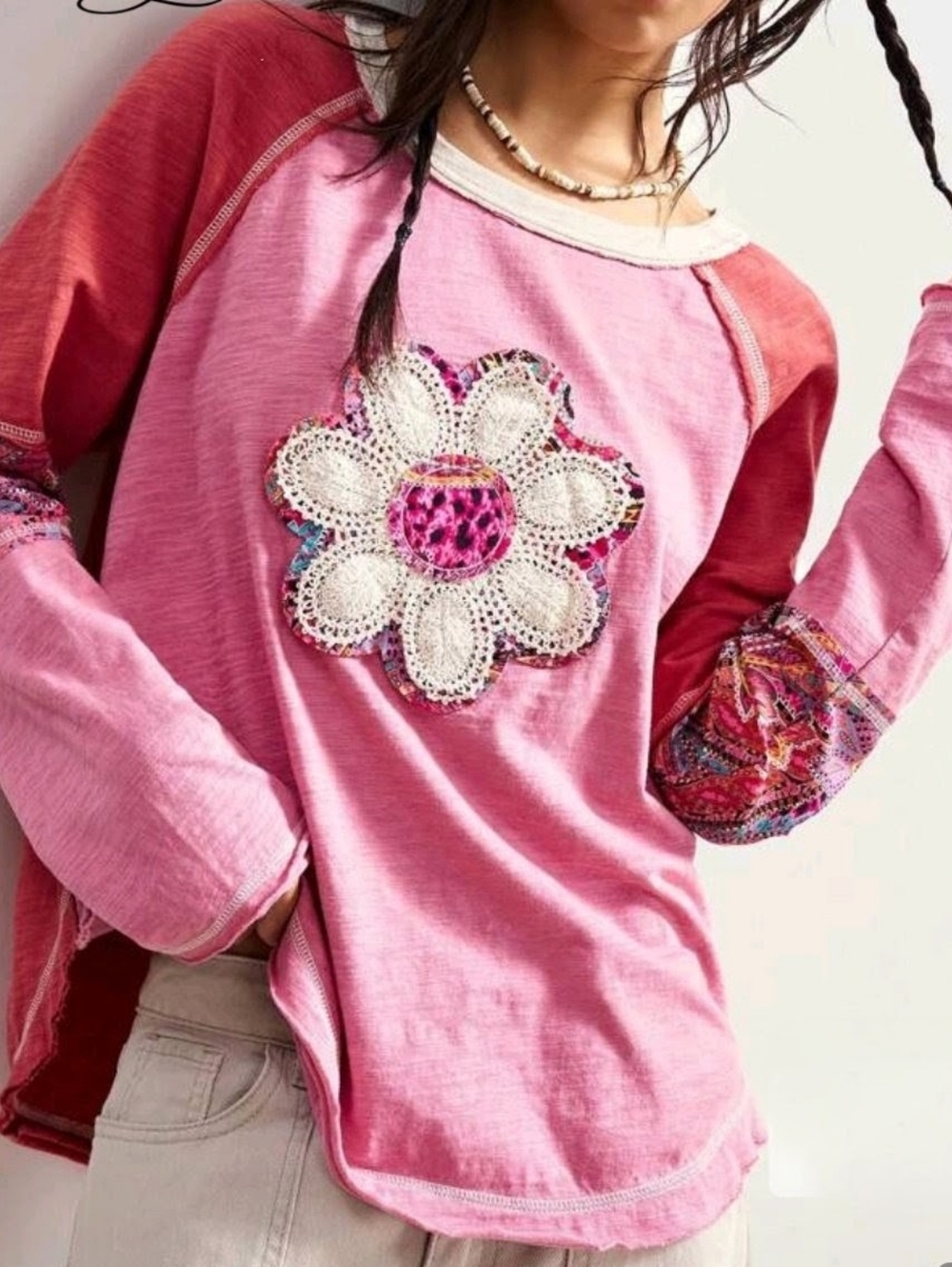 🌺 Flower Power Pink Rust Cream Long-sleeved Hippie T-shirt Top Raw Edges XL 🌺